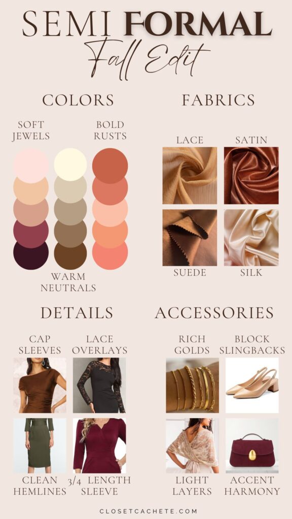 The image features a semi-formal fall fashion guide, showcasing a palette of soft jewel tones, bold rusts, and warm neutrals on the left. Various luxurious fabrics like lace, satin, suede, and silk are displayed, with sections highlighting style details such as cap sleeves and 3/4 length sleeves, alongside accessories in rich golds and block slingbacks. The overall layout is organized with clear headings, making it easy to understand the seasonal style options.