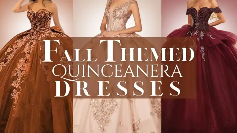 The image showcases three fall-themed quinceanera dresses, each with distinct designs. The left dress features a rich burnt orange bodice adorned with intricate floral embroidery, leading into a voluminous skirt. The center dress is a soft blush pink with a corseted silhouette and delicate beading, while the right dress in deep burgundy has an off-the-shoulder neckline and layered tulle, providing a regal and dramatic effect.