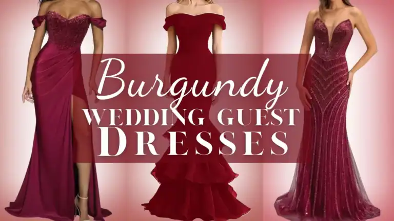 This fall wedding guest dress features a sleek fitted bodice with elegant off-the-shoulder sleeves, made from a rich burgundy fabric. The design includes intricate detailing around the chest area, a thigh-high slit for added allure, and a flared skirt with ruffled layers that creates a dramatic silhouette. The luxurious color and refined style make it perfect for autumn celebrations.