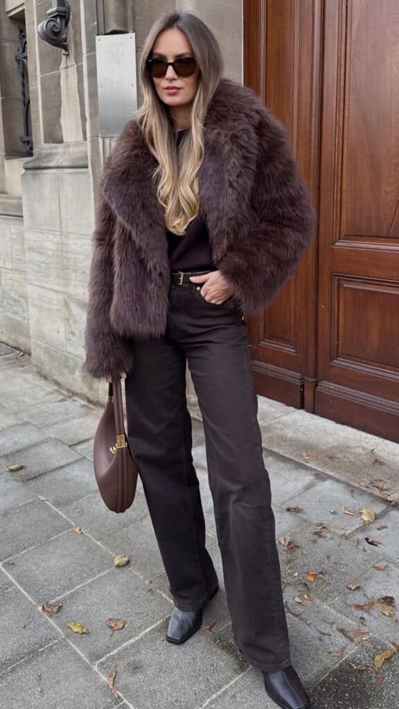 The outfit features a luxurious dark brown faux fur coat, exuding opulence while remaining animal-friendly, layered over a simple black turtleneck. Paired with high-waisted black wide-leg trousers, the look is polished and sophisticated, complemented by square-toed ankle boots and a structured brown shoulder bag, creating a seamless blend of contemporary and timeless style for fall and winter 2025/2026. The addition of oversized sunglasses adds a chic flair, enhancing the overall elegant vibe.