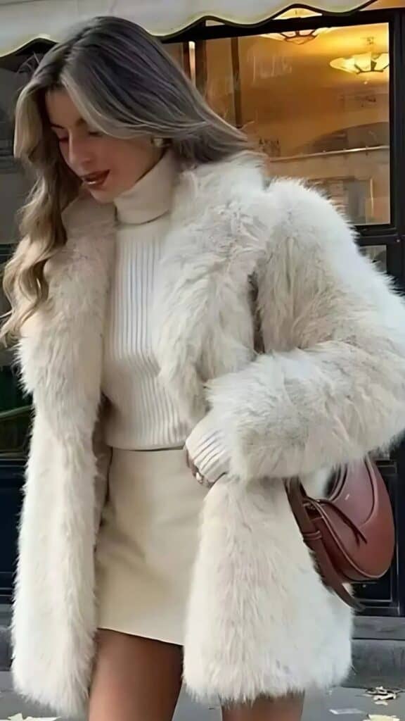 The outfit features a luxurious off-white faux fur coat layered over a ribbed turtleneck sweater, exuding sophistication and warmth. Complementing the ensemble is a sleek cream mini skirt that adds a modern touch, while a rich brown handbag introduces an earthy contrast, harmonizing the look for a chic fall-winter vibe. This timeless outfit balances comfort and elegance, embodying the faux fur renaissance trend.
