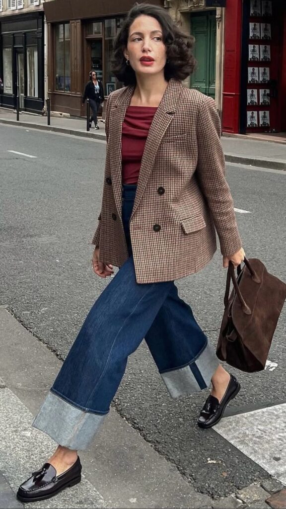 A tailored, double-breasted brown houndstooth blazer complements a deep maroon fitted top, creating a chic layered look. The wide-leg jeans feature a stylish raw hem and contrasting lighter denim cuff, while glossy black collegiate loafers add a touch of sophistication, grounding the outfit. This ensemble exudes timeless elegance, perfect for fall and winter, embodying a modern, effortless vibe.
