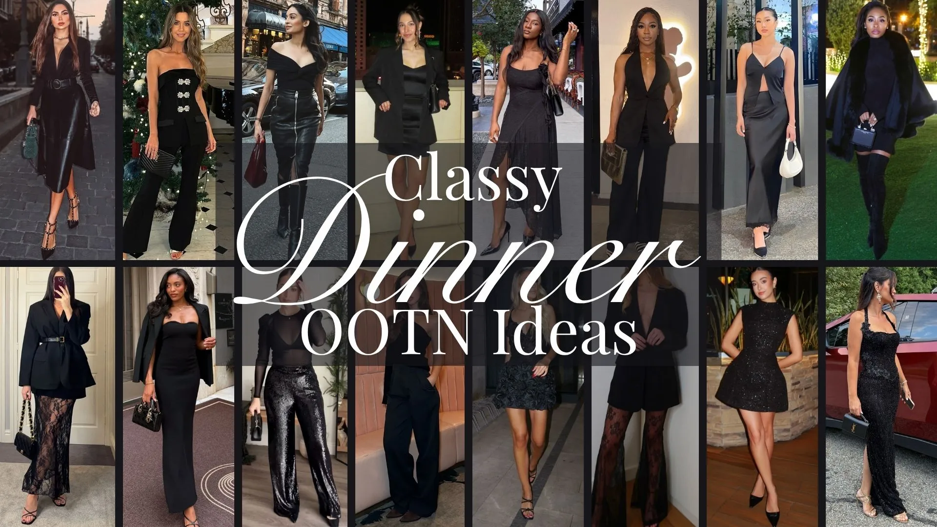 The images showcase a variety of classy fancy dinner outfits suitable for winter evenings, featuring diverse styles like tailored jumpsuits, elegant maxi dresses, and chic mini dresses. Fabrics range from glossy satin and soft lace to textured sequins, while silhouettes include form-fitting designs, dramatic sleeves, and flowing cuts, each enhanced by refined details such as off-the-shoulder necklines, structured blazers, and tasteful accessories like statement belts and handbags. These versatile and sophisticated pieces create an alluring aesthetic perfect for birthday parties or romantic date nights.