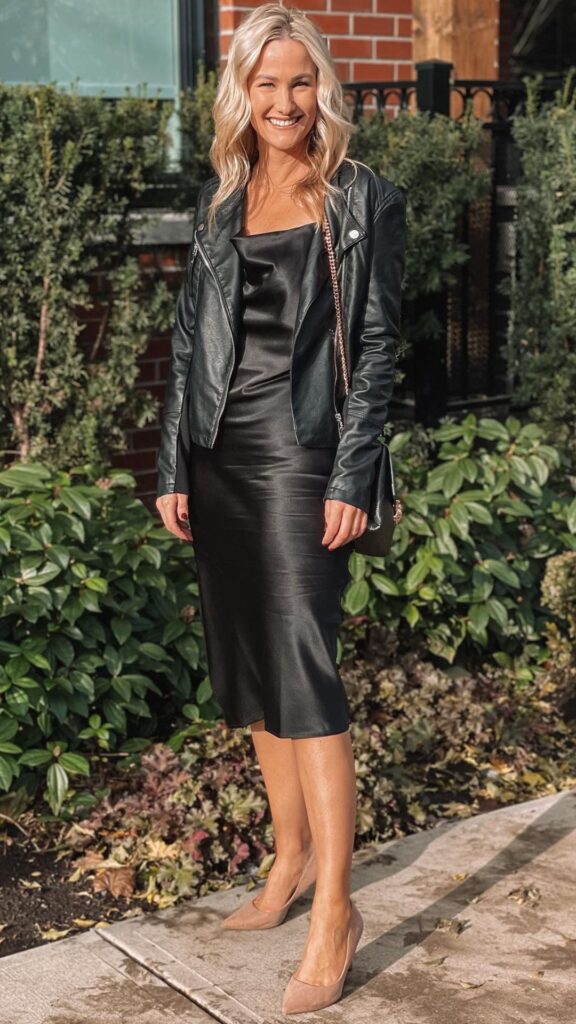 The outfit features a sleek black satin slip dress that falls to mid-calf, exuding elegance with its soft, flowing fabric and minimal design. Layered over it is a fitted, matte black leather biker jacket, adding a touch of edginess, while paired with blush pointed-toe heels that enhance the sophisticated aesthetic. Accessories include a small crossbody bag, completing the refined look ideal for evening events or celebrations.
