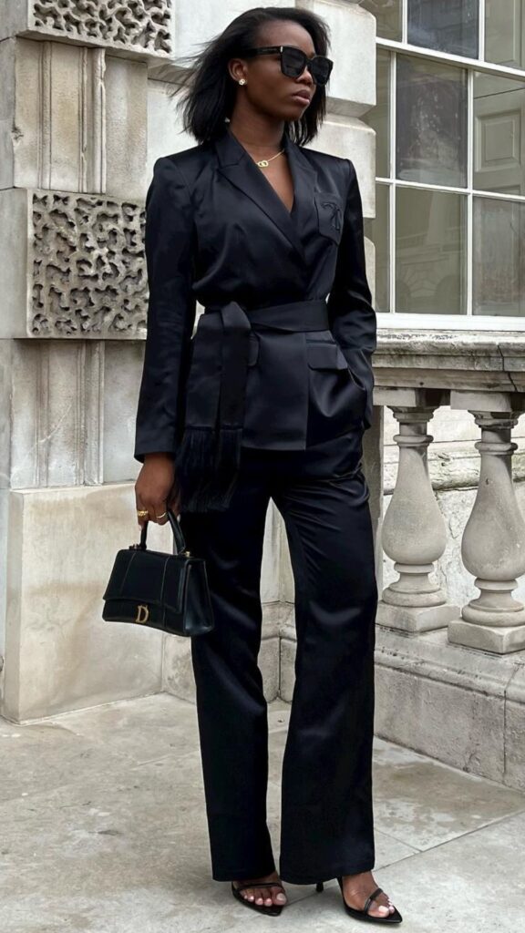The outfit features a sleek, tailored black blazer made from a smooth satin fabric, cinched at the waist with a matching belt that accentuates the silhouette. The ensemble is paired with wide-leg black trousers, also in a shiny fabric, that elongate the legs, while minimalist black strappy heels complete the look. Accessories include stylish oversized black sunglasses and a small structured black handbag, enhancing the overall sophisticated aesthetic ideal for evening events or special occasions.