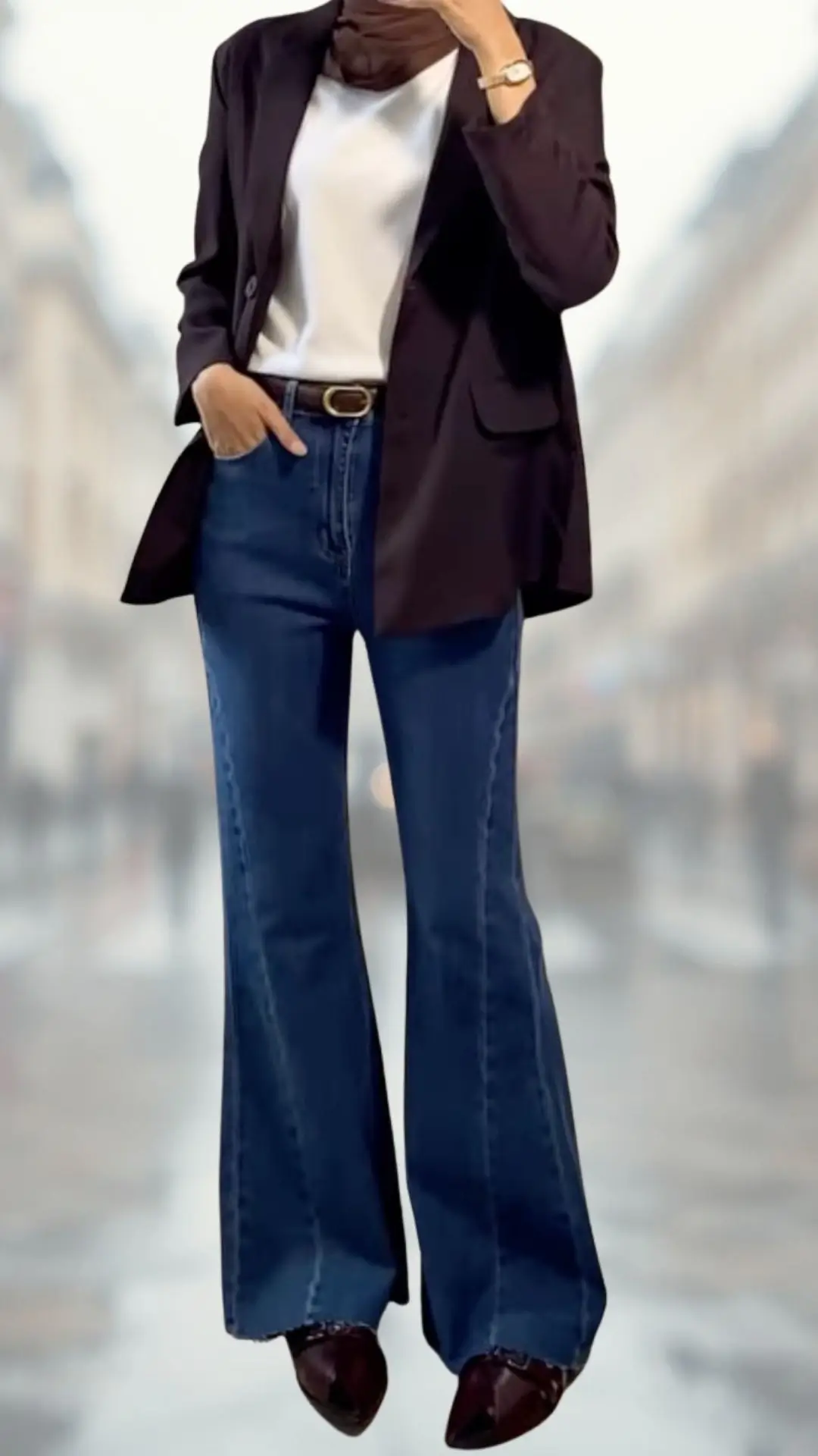 A fashionable outfit featuring dark blue flare jeans made of sturdy denim, paired with a white fitted t-shirt and a long, tailored black blazer with a smooth texture. The ensemble is complemented by deep burgundy heeled shoes that add a touch of elegance. The outfit's clean lines and contrasting colors create a chic, polished look suitable for various occasions.