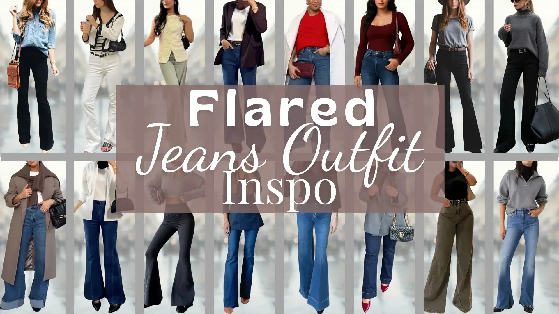 A stylish collection of outfits featuring flared jeans in various shades, including black, blue, and white, paired with tops of diverse textures like knits and fitted or loose blouses. Some outfits include elegant accessories such as handbags and shoes, including heels and ankle boots, while the necklines range from crew to V-neck, showcasing a blend of casual and sophisticated styles suitable for different occasions.