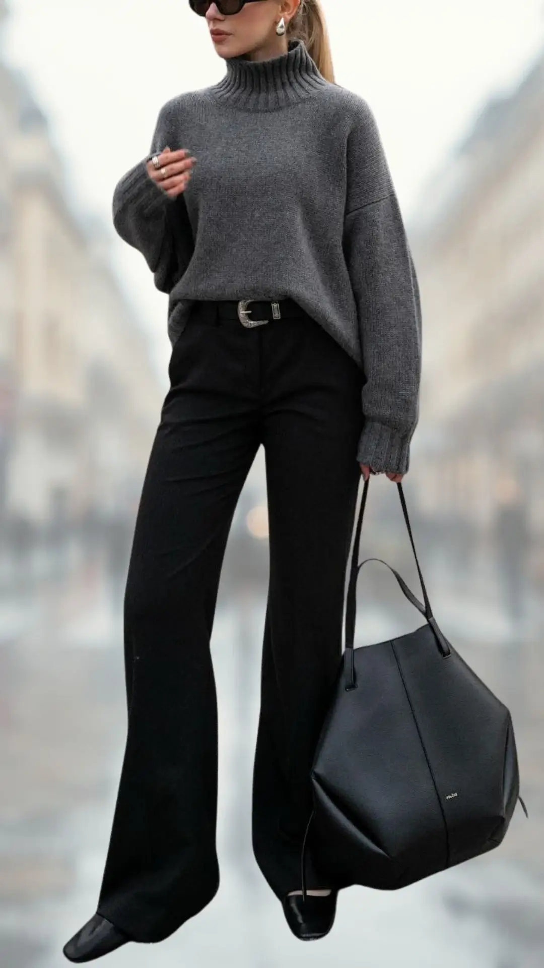 The outfit features a cozy, oversized gray sweater with a ribbed turtleneck and long sleeves, paired with sleek black flare jeans that have a smooth texture and gentle drape. Completing the look are stylish black pointed-toe shoes and a structured black tote bag, adding contemporary elegance to the ensemble. The overall color palette of gray and black creates a chic, sophisticated appearance.
