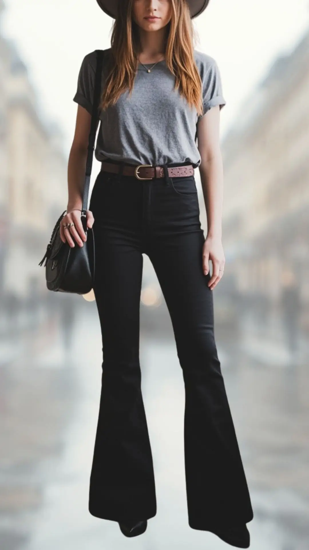 The outfit features a fitted gray t-shirt with short sleeves and a classic round neckline, paired with high-waisted black flare jeans that emphasize a sleek silhouette. Complementing the look, a brown belt adds contrast, while pointed black heeled boots complete the ensemble, creating a chic and modern aesthetic. A small black handbag and a wide-brimmed hat add stylish accessories, enhancing the overall appeal.