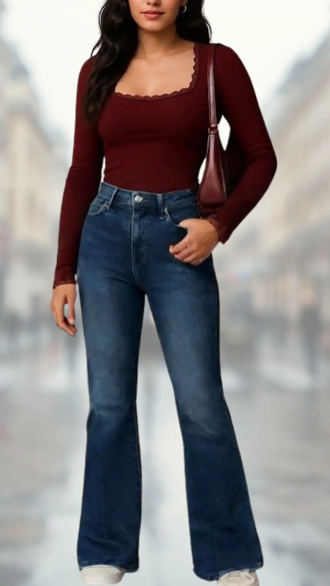 The outfit features a fitted maroon long-sleeve top with a scalloped square neckline, paired with high-waisted dark blue flare jeans that provide a retro touch. The look is completed with light-colored sneakers and a coordinating burgundy handbag, creating a stylish and cohesive appearance. The combination of soft fabric in the top and sturdy denim texture enhances comfort and sophistication.
