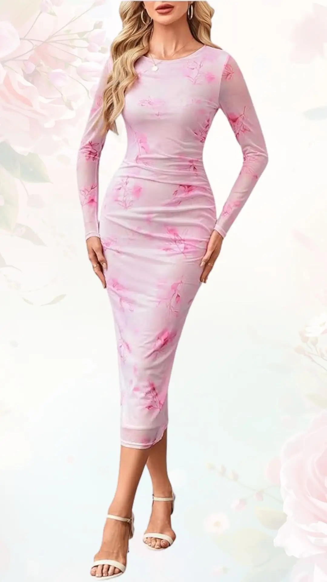 A fitted floral dress in soft pink features long sleeves and a midi length design, adorned with delicate pink floral patterns. The dress is complemented by strappy nude heels, creating an elegant look suitable for spring weddings. The background is a subtle blend of soft floral motifs, enhancing the overall romantic aesthetic.
