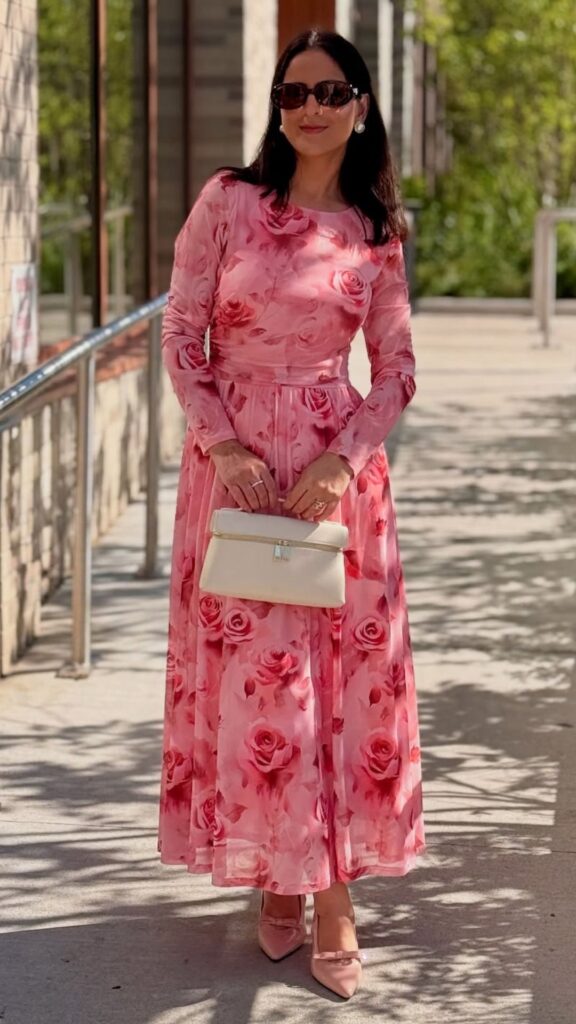 The dress features a delicate pattern of vibrant pink roses, artistically arranged throughout the soft, flowing fabric. Styled as an elegant long-sleeve, A-line gown, it cinches at the waist for a flattering silhouette, complemented by a subtle sheen that enhances its feminine charm. Paired with soft pink pointed-toe heels and a chic white clutch, this ensemble is perfectly suited for wedding guest attire.