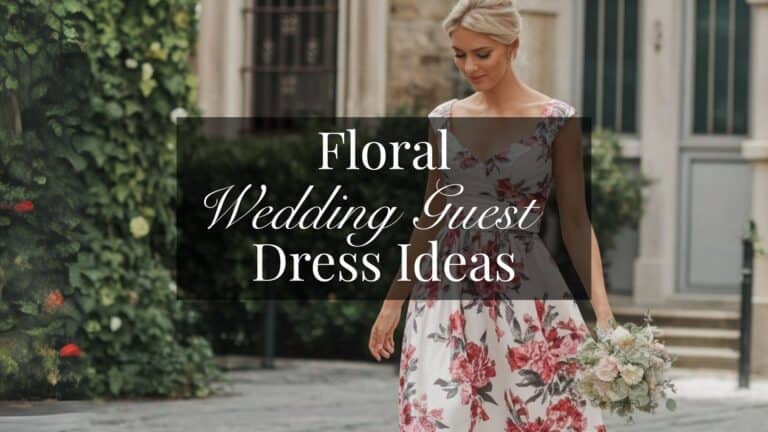 The dress features a delicate, romantic floral print, showcasing large pink and red roses against a soft white background, which enhances its feminine appeal. The flattering A-line silhouette is complemented by a V-neckline and cap sleeves, offering elegance and comfort, making it an ideal choice for wedding guest attire. Paired with a small bouquet, the dress exudes a graceful, vibrant look perfect for celebrating love.