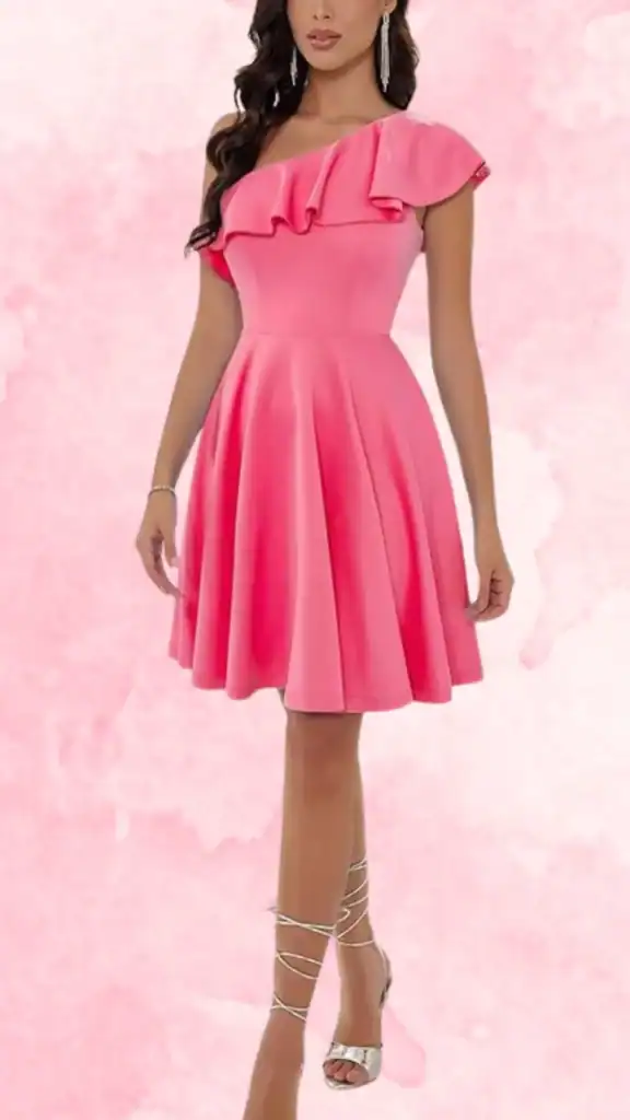 The dress features a vibrant bubblegum pink color with a playful ruffled detail along the neckline, adding an elegant touch. Its fitted bodice seamlessly transitions into a voluminous skirt, creating a flattering silhouette that is perfect for movement and dance. The overall look is youthful and fresh, ideal for a homecoming celebration.