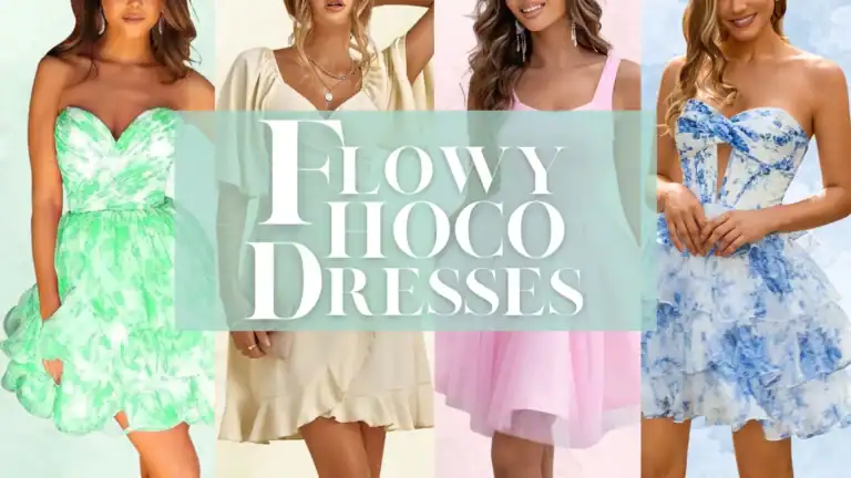 The image features a selection of flowy Homecoming dresses in various styles, showcasing a vibrant mint green dress with a sweetheart neckline and a volume skirt, adorned with a soft floral pattern. A delicate cream dress with flutter sleeves, a fitted silhouette, and subtle texture is also present, while a light pink frock features a skater-style cut for a playful look. Lastly, a blue floral dress with a trendy cutout and tiered ruffles completes the collection, balancing elegance with femininity.