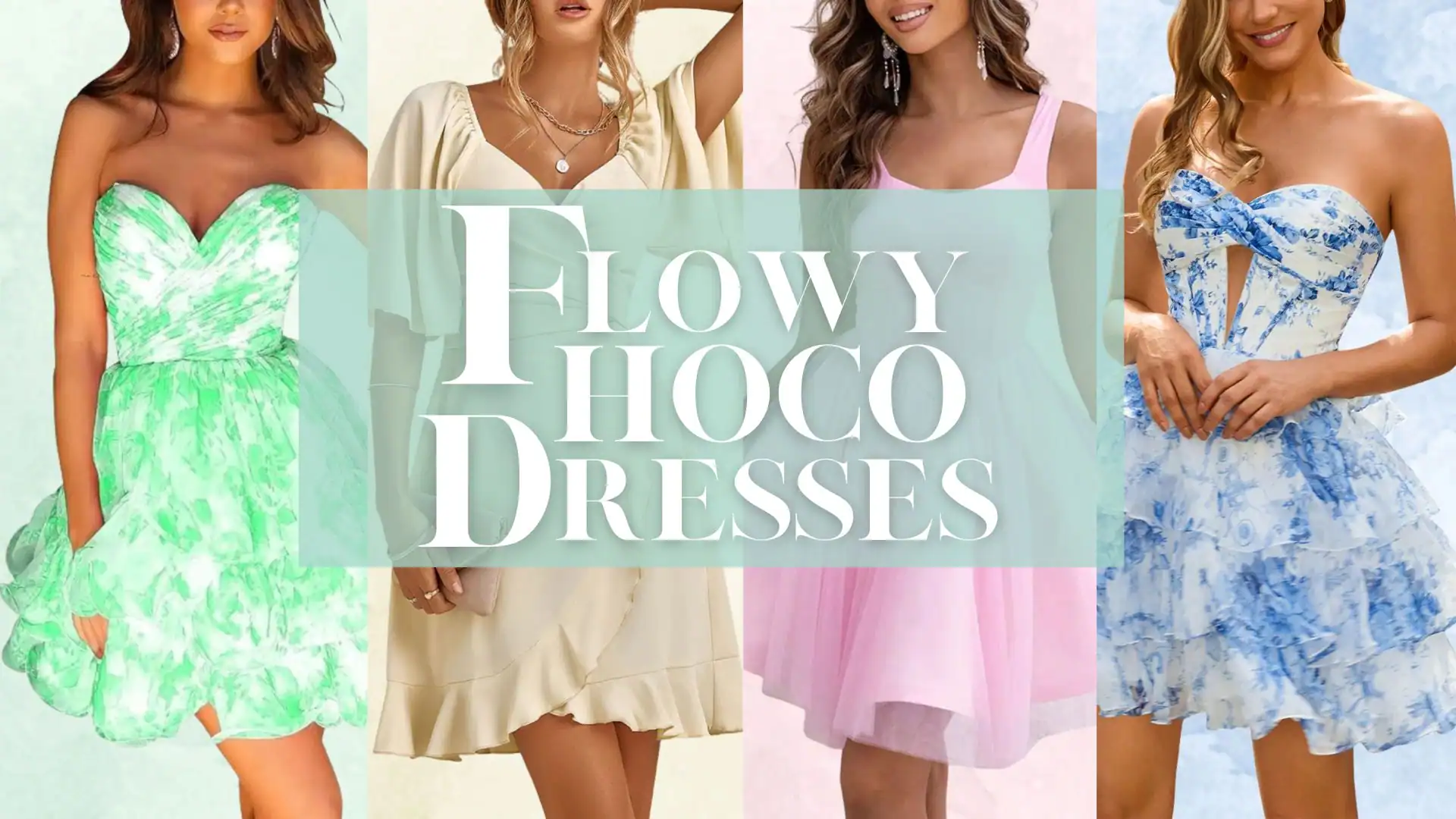 The image features a selection of flowy Homecoming dresses in various styles, showcasing a vibrant mint green dress with a sweetheart neckline and a volume skirt, adorned with a soft floral pattern. A delicate cream dress with flutter sleeves, a fitted silhouette, and subtle texture is also present, while a light pink frock features a skater-style cut for a playful look. Lastly, a blue floral dress with a trendy cutout and tiered ruffles completes the collection, balancing elegance with femininity.