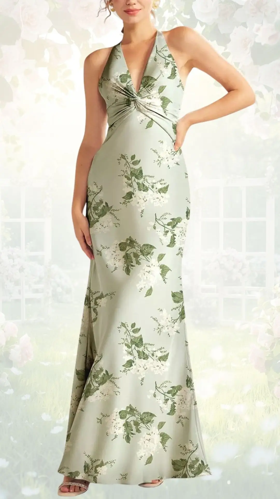 A long, fitted dress in a soft green hue features a halter neckline and a twist detail at the bust, creating an elegant silhouette. The fabric is adorned with delicate floral patterns in white and dark green, evoking a spring garden atmosphere. The design flows gracefully to the floor, complemented by subtle sparkle in the straps.