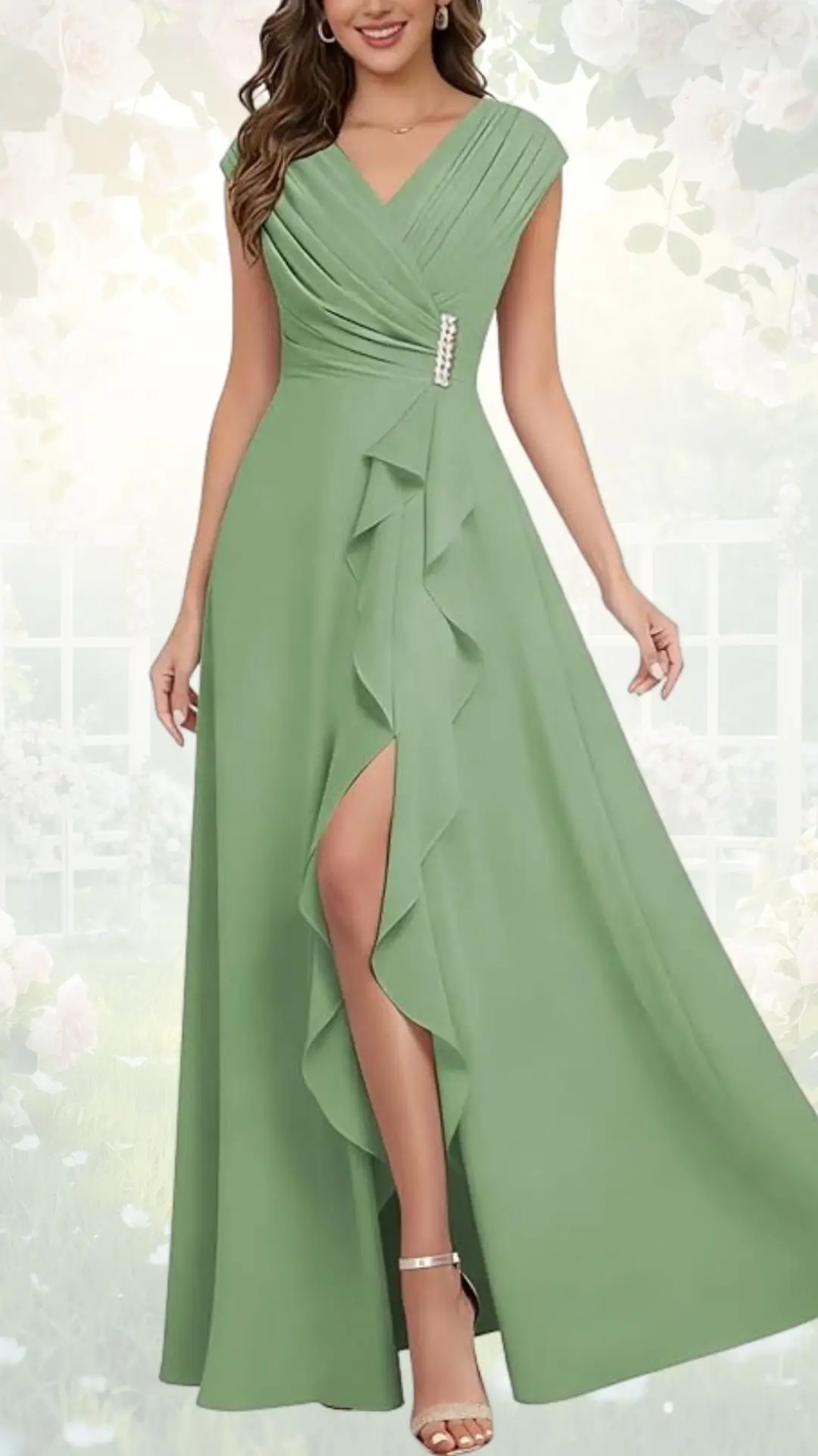 A flowing, floor-length dress in a soft green hue features a flattering V-neckline and cap sleeves. The bodice is elegantly ruched, complemented by a delicate ruffle detail along the side and a thigh-high slit, adding a touch of sophistication. The dress is accessorized with a sparkling embellishment at the waist, enhancing its elegance.