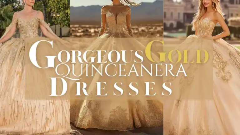 The image showcases three stunning gold quinceañera dresses featuring intricate designs and opulent details. Each dress is characterized by a voluminous skirt that enhances a fairytale silhouette, with embellished bodices adorned with delicate beading and lace accents, creating a luxurious look. The warm gold hues range from soft champagne to bold metallic tones, ensuring each gown radiates elegance and sophistication.