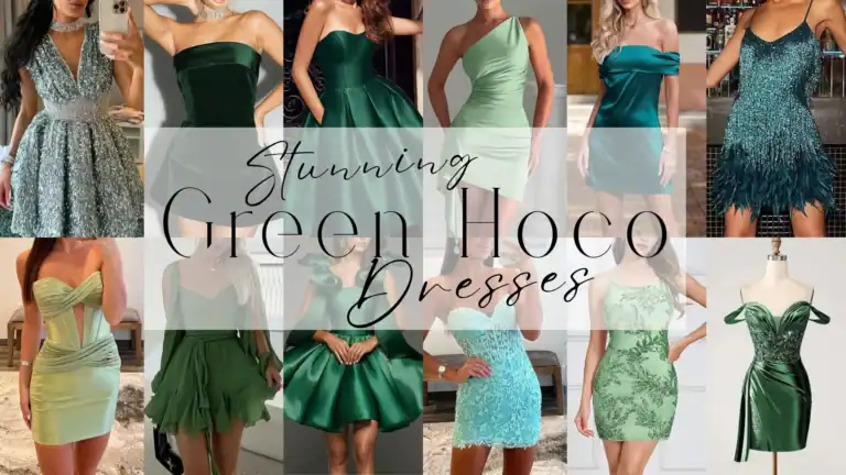 A collection of green homecoming dresses features a range of styles from elegant, shimmering emerald fabrics to soft sage tones, showcasing designs that include fitted silhouettes, voluminous skirts, and unique cutouts. Textures vary from smooth satin and intricate lace to sequined embellishments, making them perfect for a glamorous school dance or formal event, embodying a trendy yet playful vibe ideal for teenage girls.