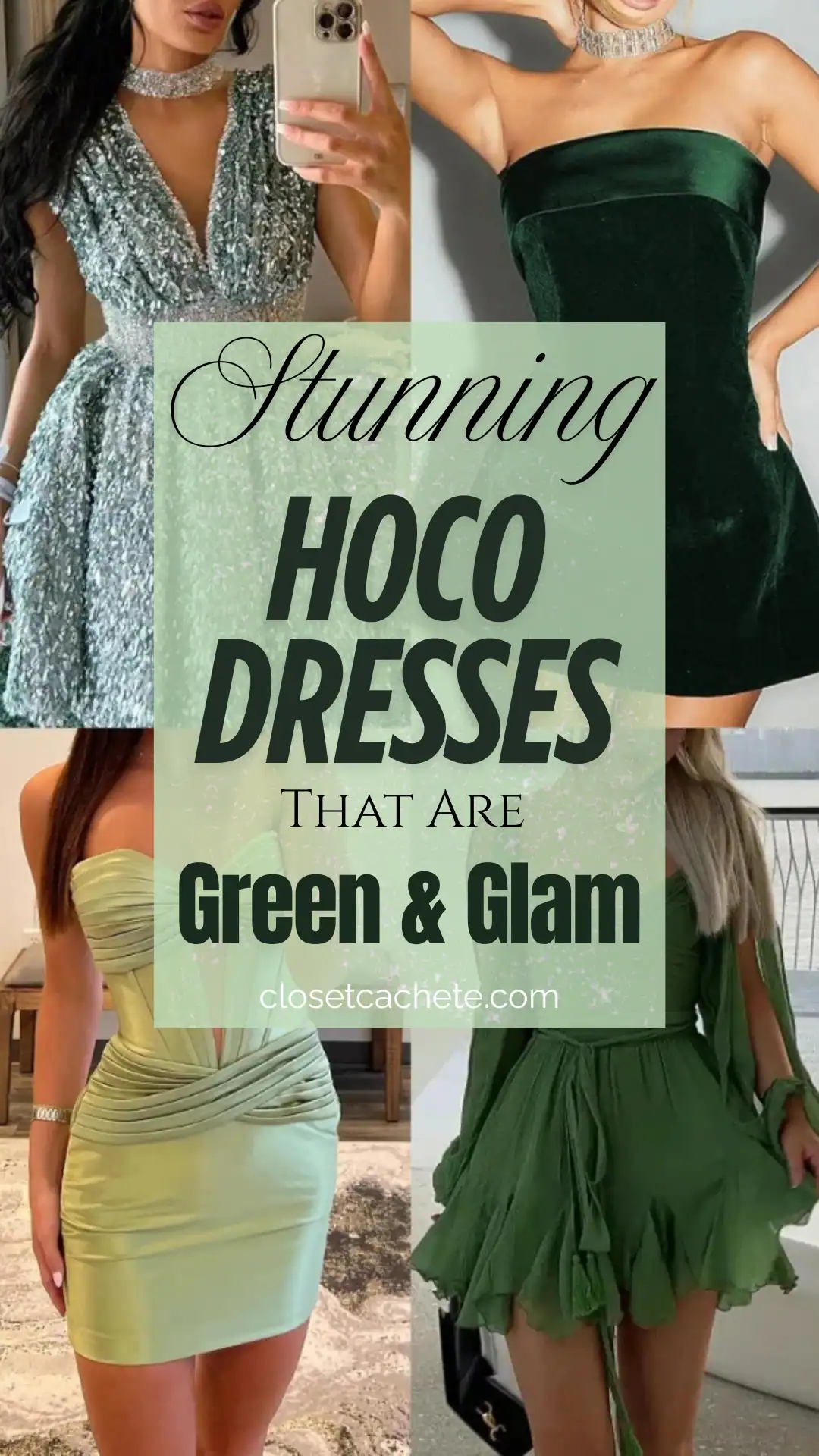 The image features four stunning green homecoming dresses showcasing a mix of styles and designs: a shimmering emerald green dress with intricate beading and a voluminous skirt, a sleek dark green strapless bodycon dress in rich velvet, a light pastel green dress with flattering ruching, and a chic sage green mini dress with playful ruffled details and flowing sleeves. Each dress combines vibrant shades of green with various textures and silhouettes, ideal for a festive homecoming or school dance occasion, embodying a blend of elegance and youthful vibrancy.