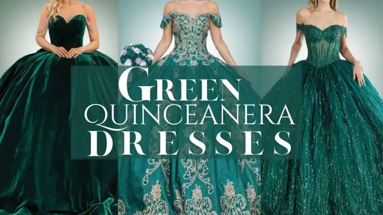 The green quinceanera dress features a rich emerald hue with intricate gold embroidery cascading down the bodice and skirt, exuding elegance. Its off-the-shoulder design creates a flattering neckline, while the voluminous skirt is crafted from luxurious tulle, providing dramatic movement and flair. The overall fit is structured and cinched at the waist, enhancing the hourglass silhouette.