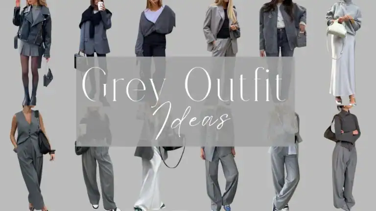 The image features a collection of stylish grey outfits, showcasing a variety of styles including tailored blazers, relaxed trousers, and fitted tops. Key features include structured silhouettes, varying necklines such as V-necks and high collars, and diverse lengths ranging from cropped to ankle length, with textures like knit and smooth fabrics. The grey tones vary from light dove grey to deep charcoal, often paired with subtle patterns like pinstripes and checks.