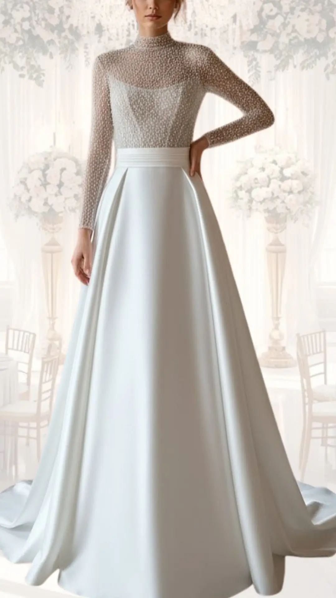 This high neck wedding gown features a fitted bodice adorned with delicate beading, paired with long, sheer sleeves for an elegant touch. The skirt cascades in a soft, smooth satin finish, creating a classic and modest silhouette perfect for a winter wedding or vintage-inspired look. The overall color is a pristine white, enhancing its timeless appeal.