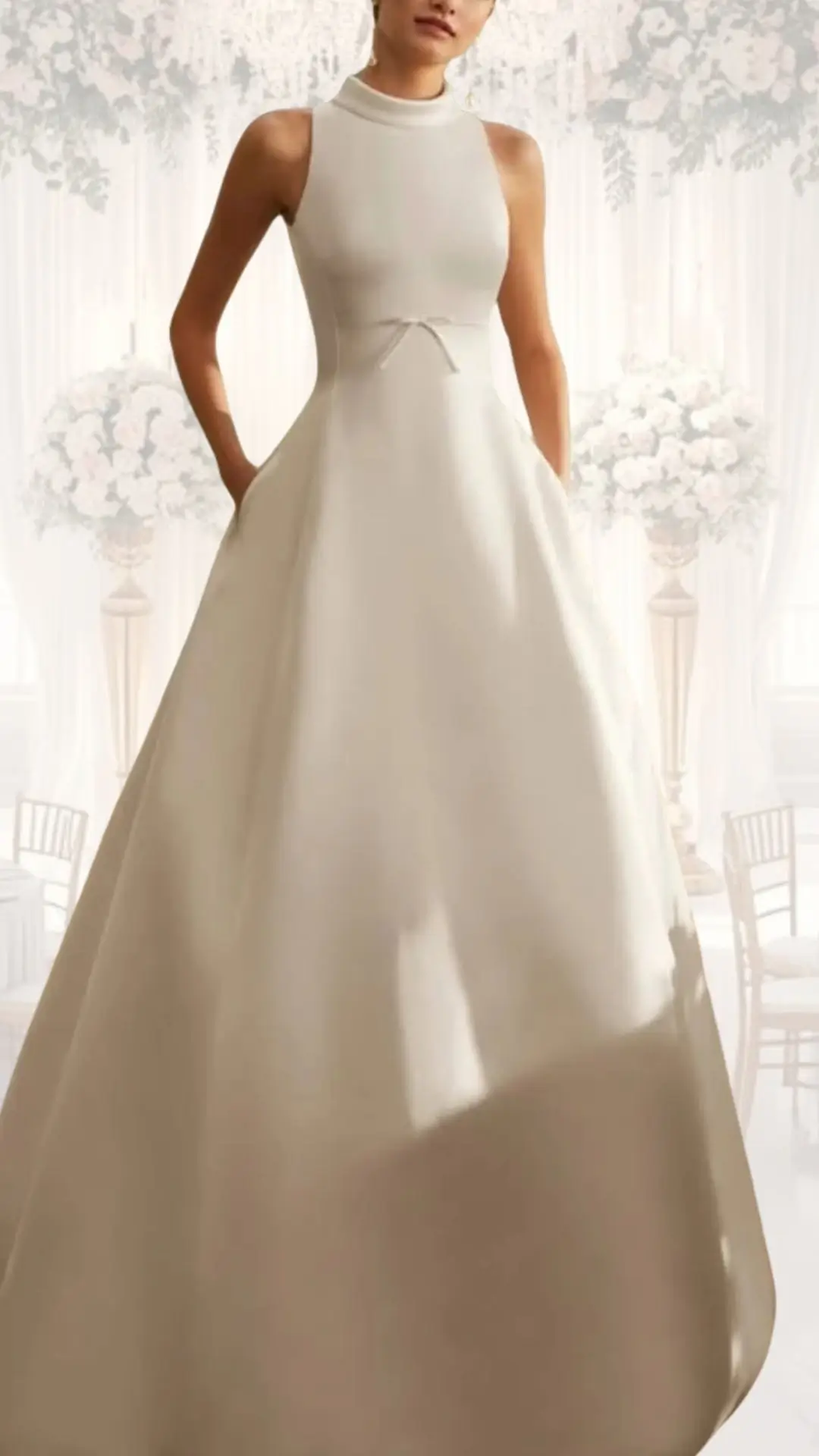 The high neck wedding dress features a sleek, fitted bodice and an elegant A-line skirt in a soft ivory fabric, exuding a refined vintage charm. The sleeveless design accentuates the shoulders, while the high neckline and delicate bow detail at the waist provide a classy, modest look ideal for a winter wedding or formal occasion. Smooth textures and a flowing silhouette complete this timeless bridal gown.
