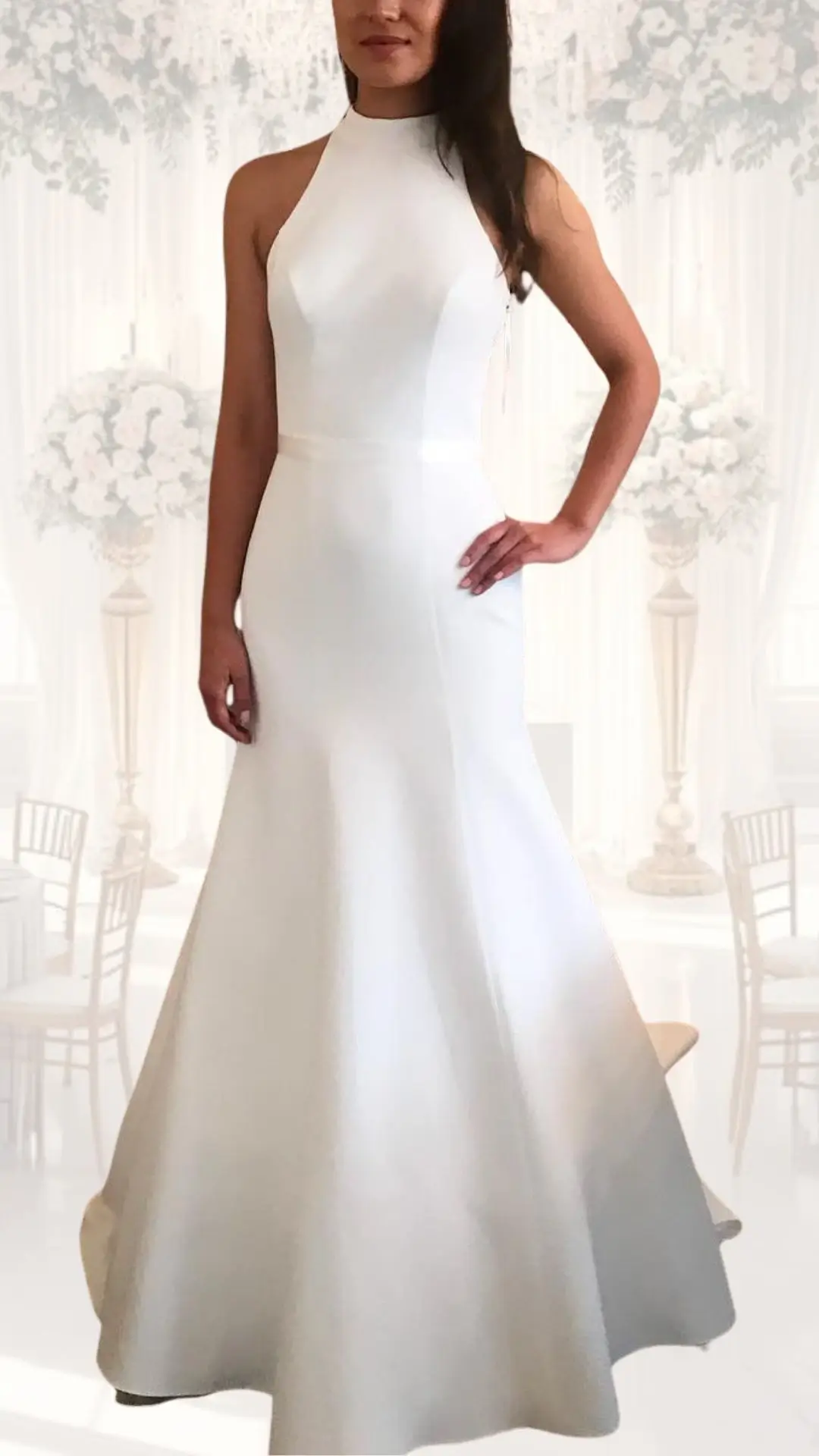A sophisticated high neck wedding gown crafted from smooth, shimmering fabric features a fitted bodice and a flared skirt, ideal for a winter wedding. The elegant silhouette is accentuated by subtle textures, with no sleeves to highlight the neckline, creating a classy and modest look reminiscent of vintage styles. The gown showcases a pure white shade, enhancing its timeless charm.