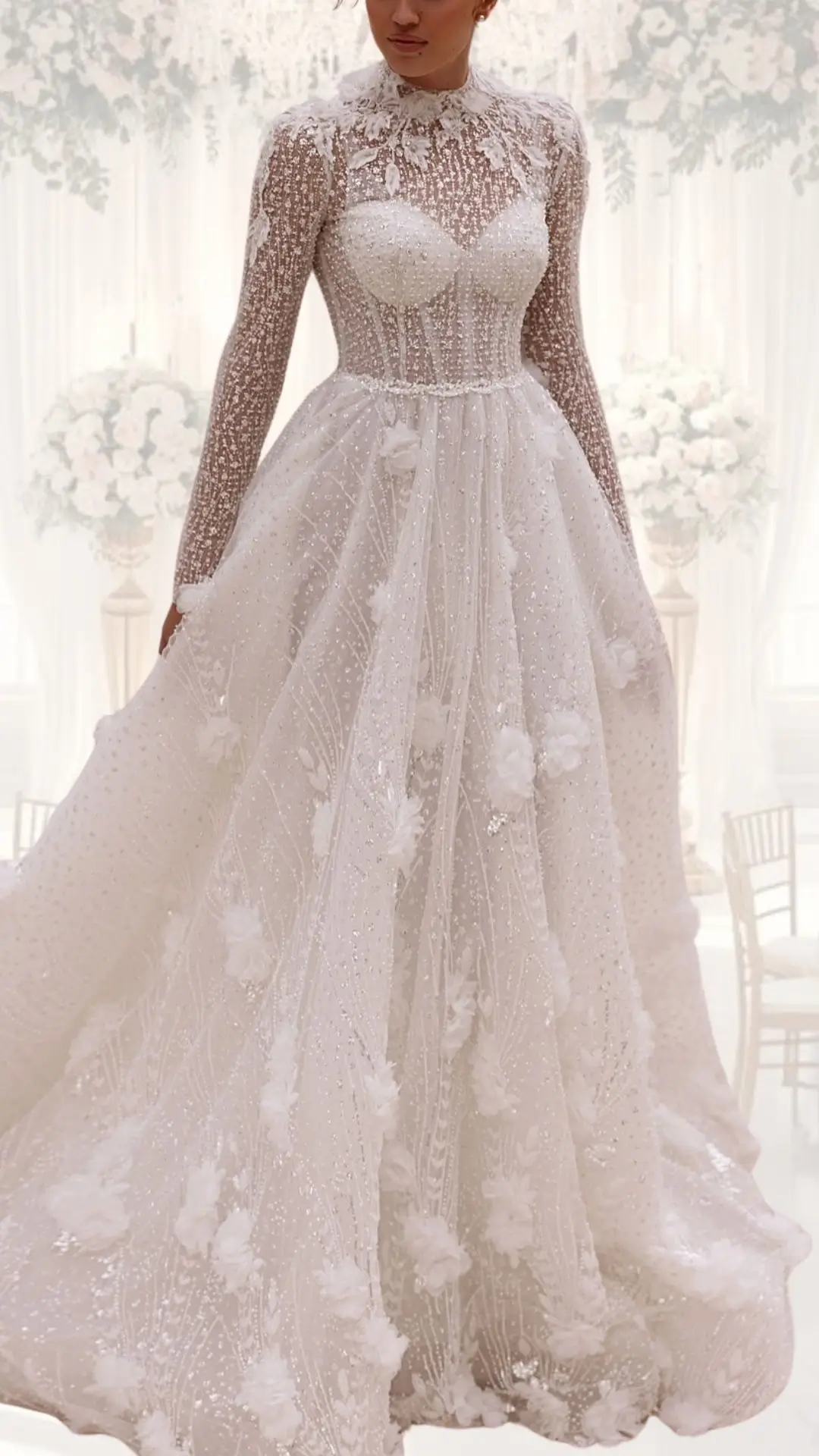 A high neck wedding gown featuring long, sheer, beaded sleeves and a fitted bodice adorned with floral lace details. The flowing skirt is made of soft, textured fabric with delicate flower appliqués, all in a shimmering white that complements the gown's vintage and classy aesthetic, ideal for a winter wedding. The design exudes elegance and modesty, perfect for a timeless bridal look.