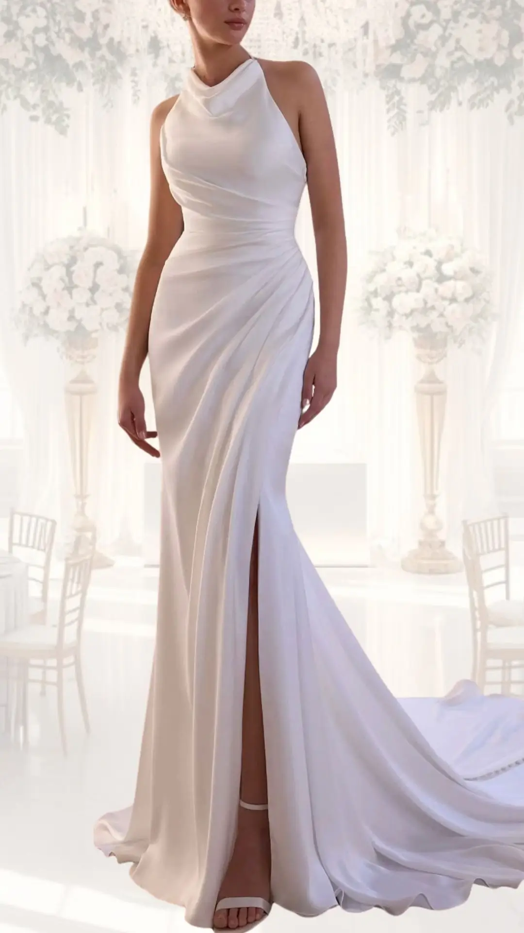 This elegant high neck wedding dress features a figure-hugging silhouette crafted from soft, flowing fabric in a classic ivory shade. The gown showcases intricate draping that accentuates the curves, complemented by a discreet front slit and a sweeping train for a touch of sophistication, ideal for winter or vintage-themed weddings. Its sleeveless design and modest neckline enhance the dress's timeless charm, making it a perfect choice for a classy and understated bridal look.