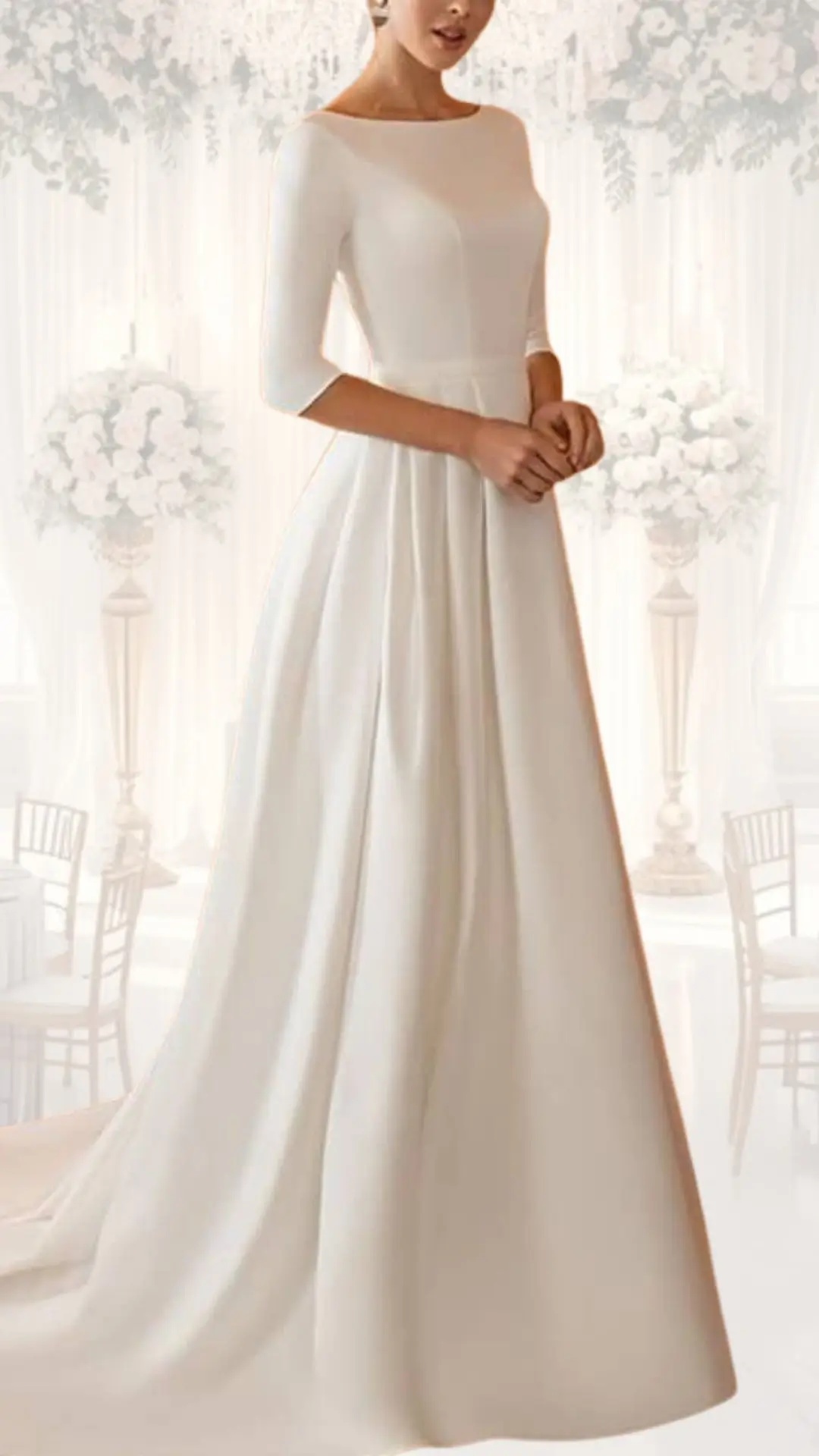 This high neck wedding gown features a soft, luxurious fabric in a classic ivory shade. It has three-quarter sleeves and a fitted bodice that flows into a gently pleated A-line skirt, creating an elegant silhouette perfect for a winter wedding or vintage-inspired look. The modest neckline and timeless design enhance its sophisticated charm.