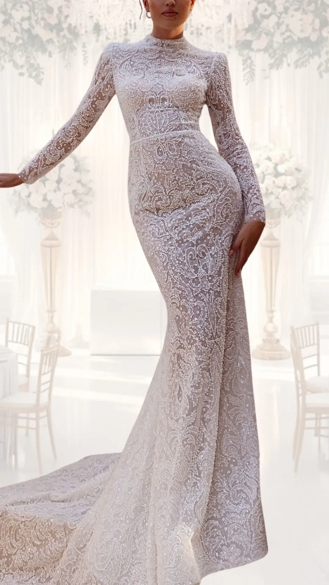 This high-neck wedding gown features long sleeves and a fitted silhouette, crafted from intricate lace adorned with delicate beading. The soft white fabric has a subtle shimmer, enhancing its vintage charm, while the elegantly flowing skirt creates a classy and modest look, ideal for a winter wedding.
