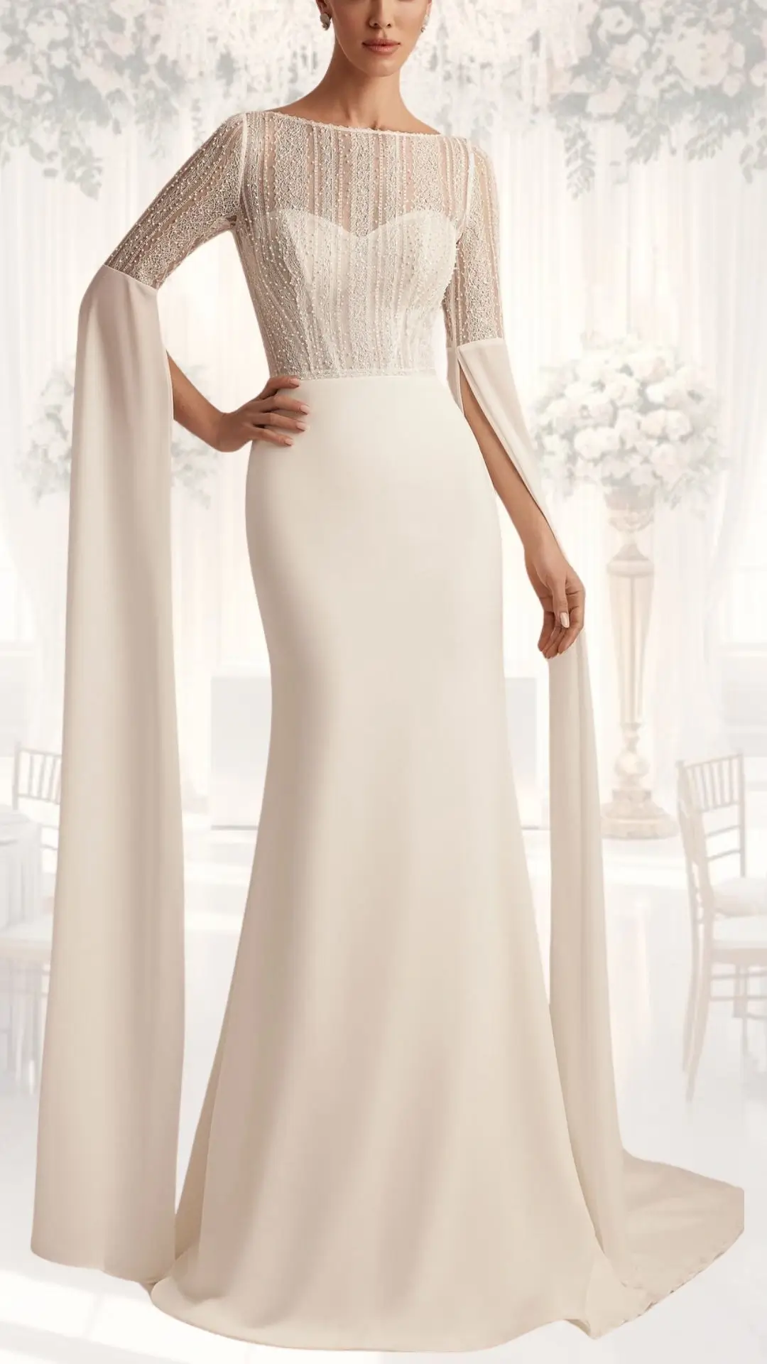 This high neck wedding gown features a delicate lace bodice adorned with intricate beadwork, transitioning into flowing bell sleeves that exude vintage elegance. The form-fitting skirt is crafted from soft, luxurious fabric in a classic ivory shade, perfect for a winter wedding, creating a sophisticated and modest silhouette. Elegant and timeless, this gown beautifully balances classic charm with contemporary style.