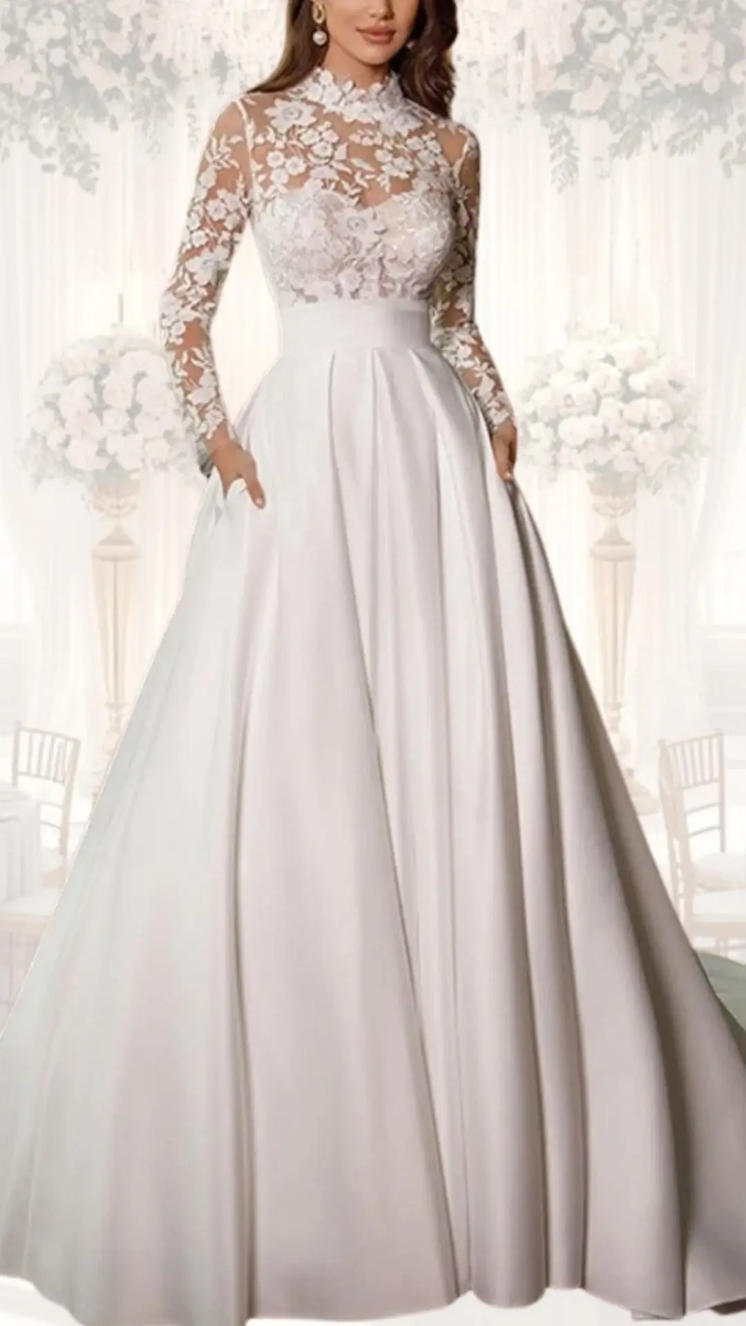 The high neck wedding gown features a delicate lace bodice adorned with floral patterns, complemented by long, fitted sleeves. The flowy satin skirt has a classic A-line silhouette, falling gracefully to the floor in a soft white shade, making it an elegant choice for a winter wedding or vintage-inspired celebration. The gown's modest design harmonizes with its luxurious textures, creating a timeless and sophisticated look.