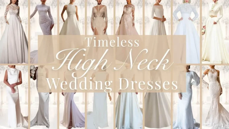 This high neck wedding gown features luxurious satin fabric with a soft sheen, complemented by intricate lace detailing around the neckline and long, fitted sleeves. The skirt flows gracefully to the floor, offering a timeless and modest silhouette, perfect for a winter wedding or a vintage-inspired celebration. The overall design encapsulates elegance, making it an ideal choice for brides seeking a classy and sophisticated look.