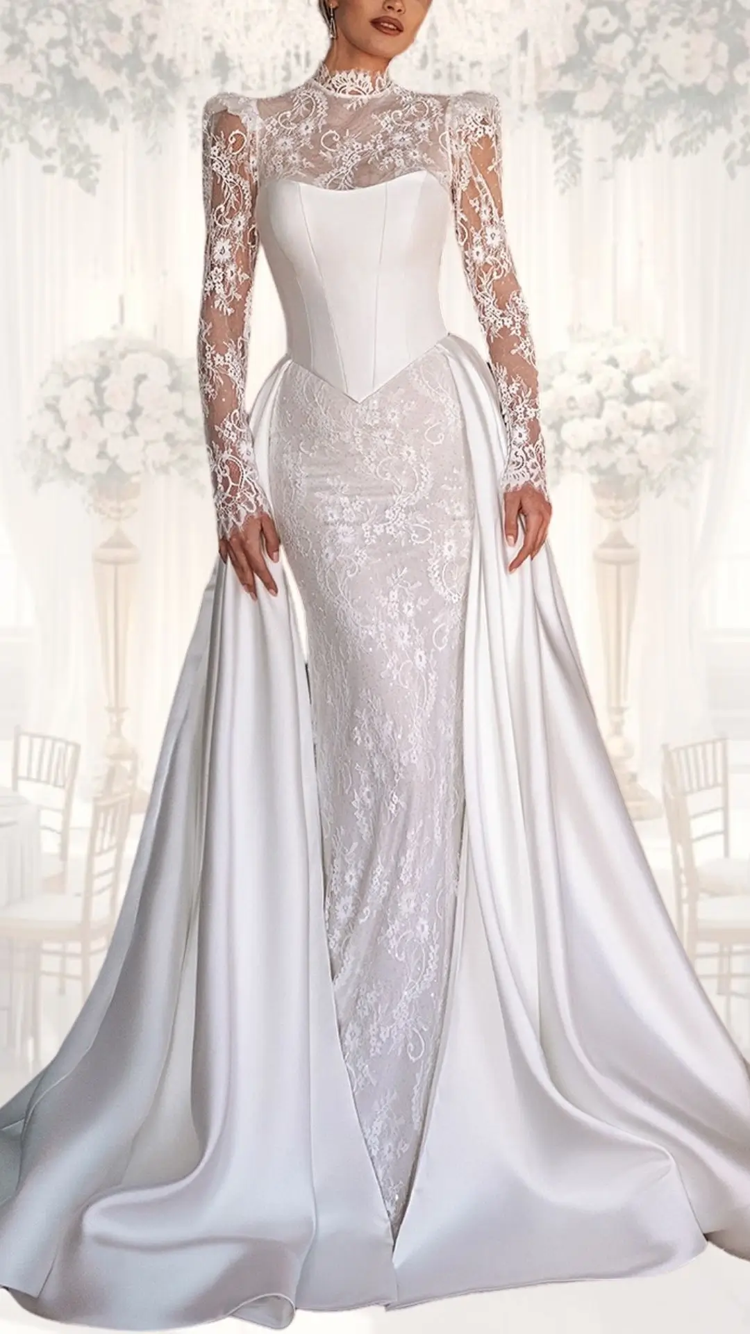 This high neck wedding gown features delicate lace long sleeves and a structured bodice, crafted from luxurious satin and embroidered tulle for a vintage-inspired look. The skirt elegantly drapes to the floor with a subtle train, highlighting a modest silhouette ideal for winter weddings. The gown is primarily in a soft white shade, adorned with intricate lace details, creating a timeless and classy aesthetic.