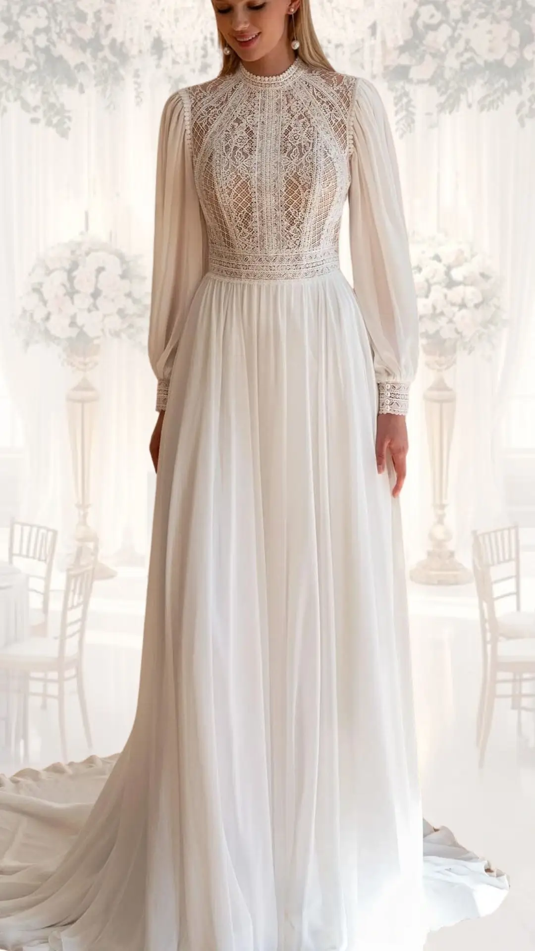 This high neck wedding gown features an elegant lace bodice with intricate detailing, soft long sleeves, and a flowing chiffon skirt, perfect for a winter wedding. The dress, crafted in a delicate ivory shade, embraces a vintage aesthetic with its modest silhouette and graceful fit. Finished with lace accents at the cuffs, it exudes a timeless and sophisticated charm.
