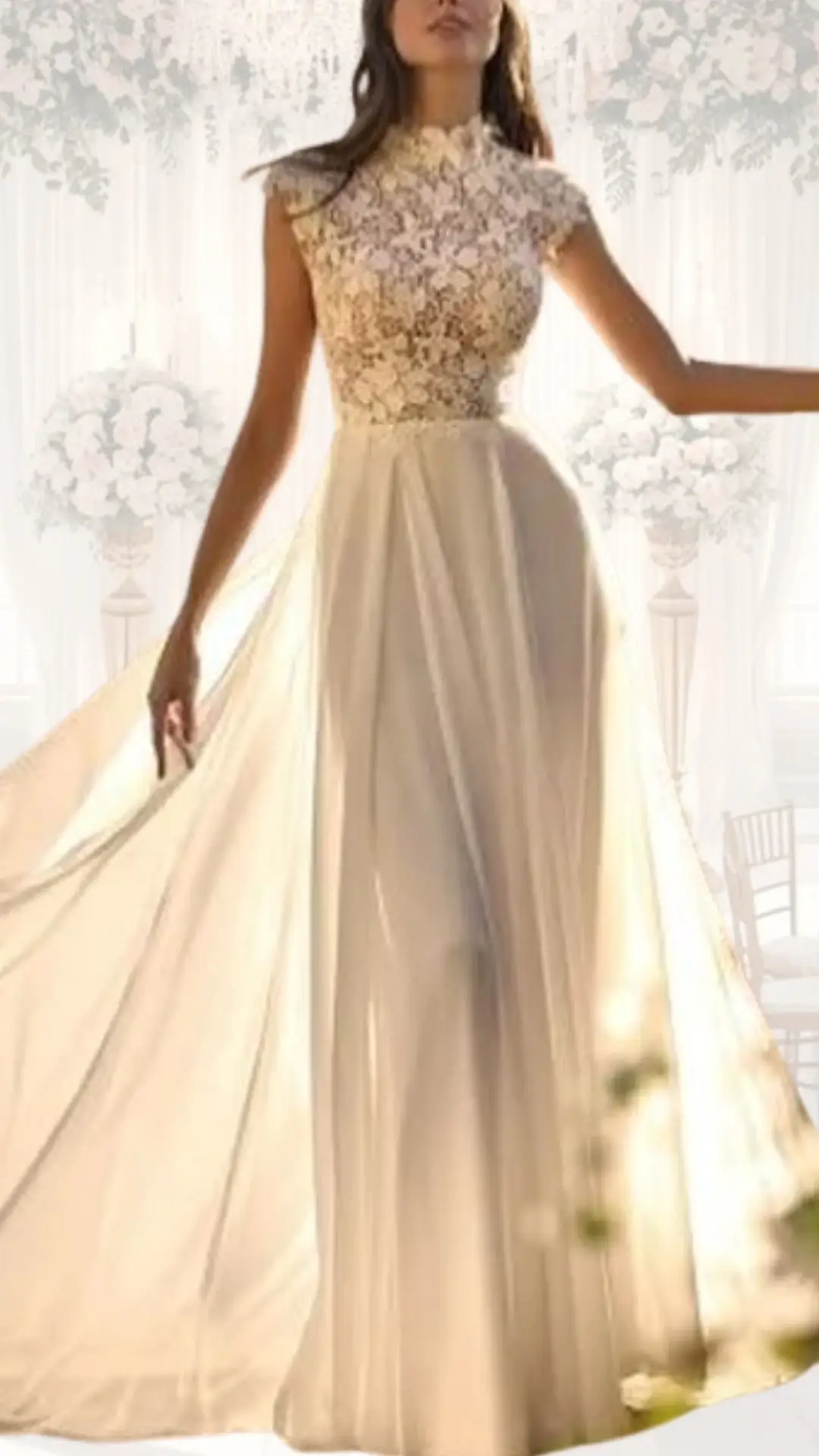 A high-neck wedding gown featuring a delicate lace bodice with intricate floral patterns and short sleeves, leading to a flowing A-line skirt made of soft, sheer fabric in a warm ivory hue. The elegant design exudes a classy, modest aesthetic, perfect for a vintage-inspired winter wedding. The gown's graceful silhouette enhances the timeless charm, making it a stunning choice for the occasion.