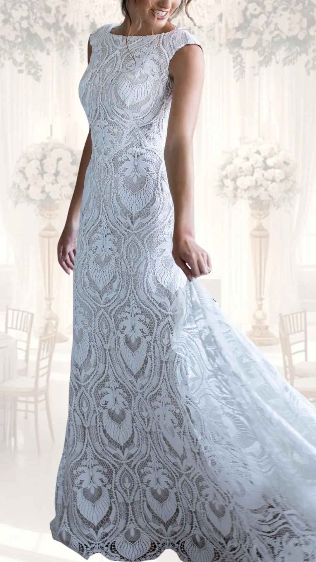 A high neck wedding gown made of delicate lace featuring a floral pattern and a soft white shade, exuding vintage elegance. The sleeveless design flows into a fitted silhouette with a subtle train, creating a classy and modest look ideal for winter weddings. The intricate lace texture enhances the dress's timeless charm, making it a perfect choice for a vintage-inspired celebration.