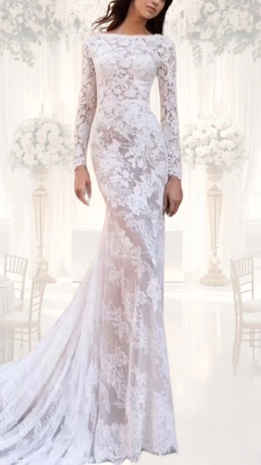 This high neck wedding gown features a fitted silhouette crafted from delicate lace, showcasing intricate floral patterns in shades of white. Long sleeves provide a modest touch, while a gentle train extends elegantly behind, enhancing its vintage charm, making it a perfect choice for a winter wedding. The overall design exudes grace and sophistication, ideal for a classy, modest look.