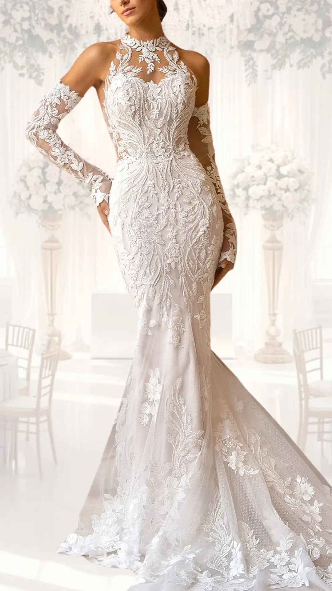 This high neck wedding gown features intricate lace detailing with floral embroidery, complemented by sheer long sleeves that exude elegance. The fitted bodice flares into a beautifully flowing skirt, ideal for a winter wedding, while its soft ivory shade adds a touch of vintage charm. The modest neckline and tailored silhouette create a sophisticated look perfect for a classy bridal aesthetic.
