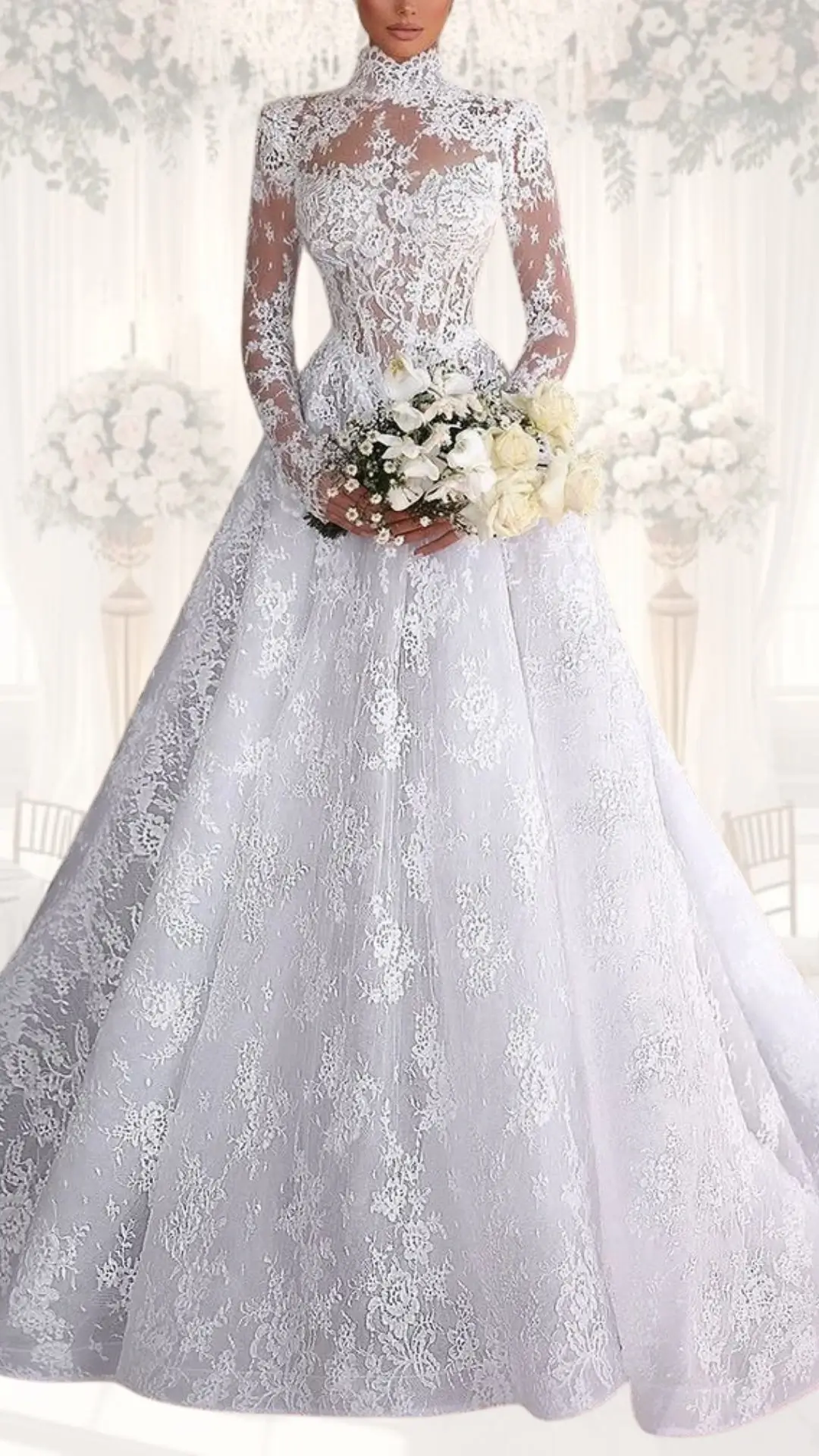 A high-neck wedding gown featuring intricate lace detailing, long sheer sleeves, and an elegant mermaid silhouette. The delicate fabric drapes beautifully, creating a romantic vintage vibe while the soft white shade complements its classy and modest style, ideal for a winter wedding. The gown is accentuated by a flowing skirt that enhances its timeless appeal, perfect for the modern bride seeking sophistication.