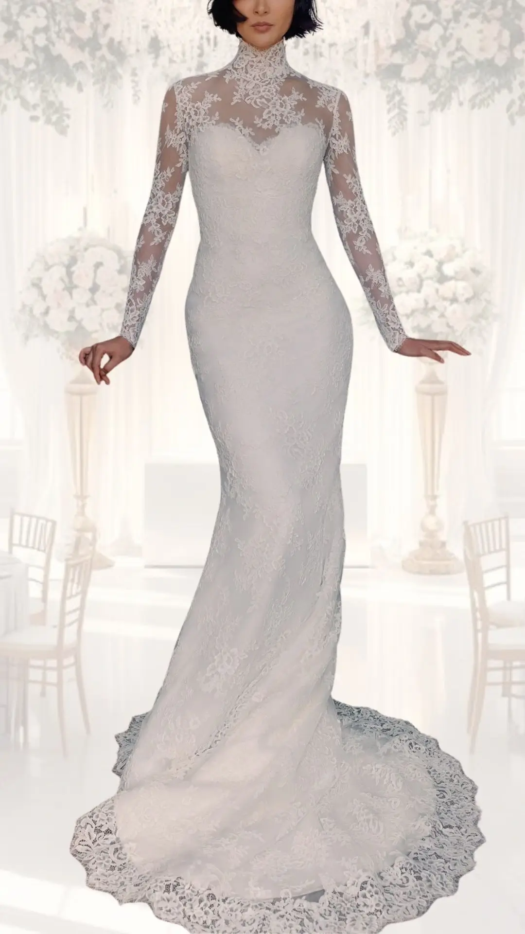 This high neck wedding gown features a fitted silhouette accentuated by an intricate lace overlay in a soft ivory shade. The long, sheer lace sleeves and high collar create a sophisticated, modest look, while the elegantly flared skirt with a scalloped lace hem adds a vintage charm, making it ideal for a winter wedding.