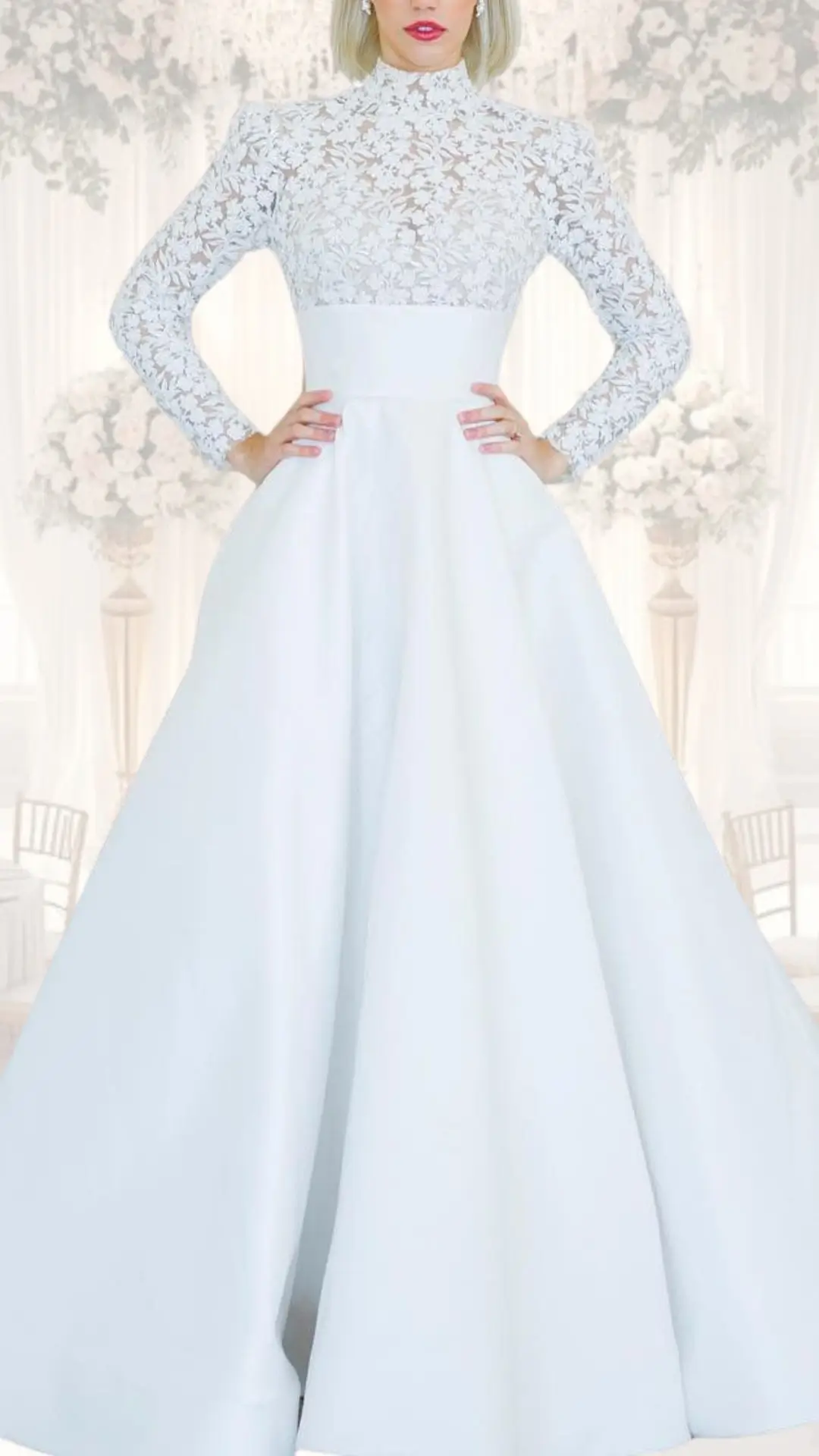 This high neck wedding gown features a delicate lace bodice with long, fitted sleeves, creating a sophisticated look. The flowing skirt is made from a luxurious, smooth fabric in a soft white shade, perfect for a winter wedding ambiance. The modest design and vintage-inspired details enhance its elegance, making it an ideal choice for a classic bridal aesthetic.