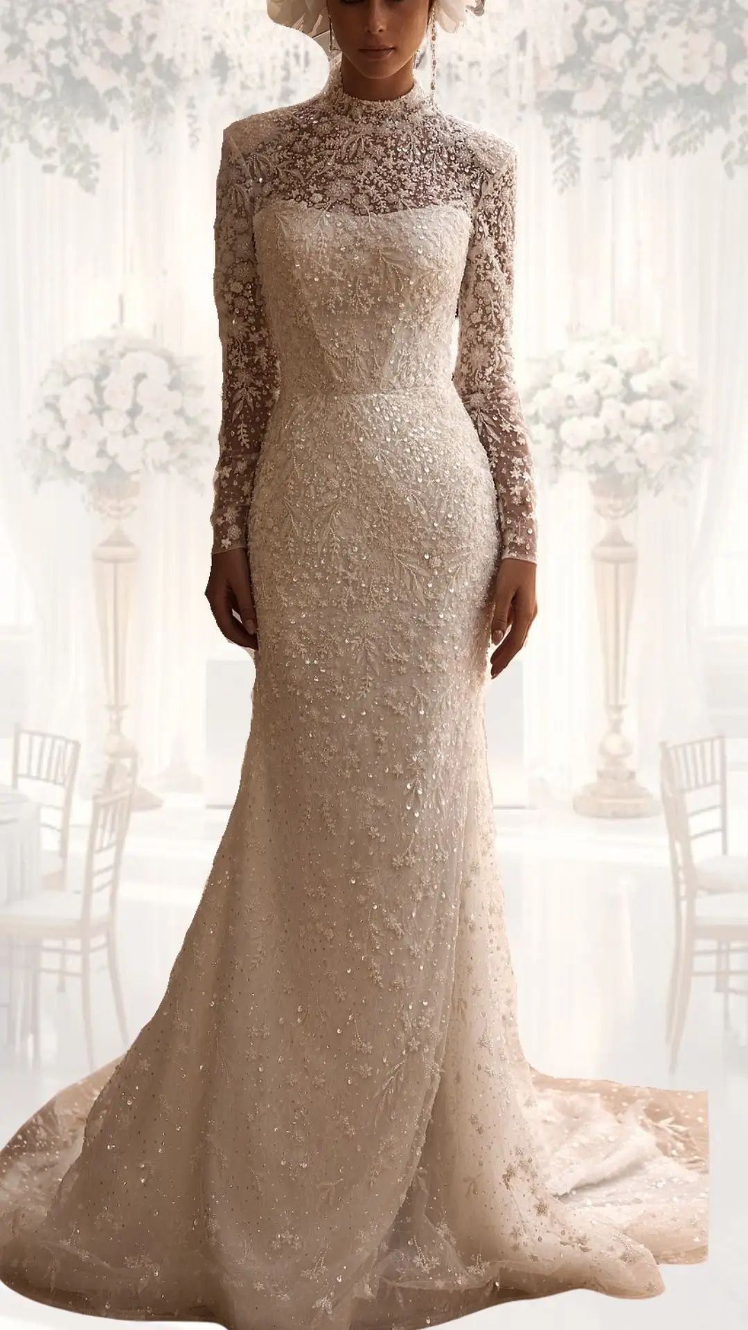This high neck wedding gown features intricate lace long sleeves and a form-fitting silhouette crafted from delicate embroidered fabric adorned with shimmering beads. The gown's elegant creamy hue complements its vintage vibe, while the floor-length skirt gently flows into a soft train, making it an ideal choice for a classy, modest winter wedding.