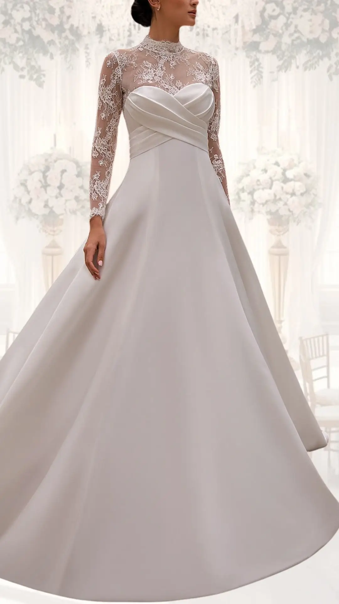 The high neck wedding gown features a fitted bodice adorned with intricate lace long sleeves, evoking vintage elegance. The satin skirt flows gracefully from the waist, showcasing a soft sheen in a classic ivory shade, ideal for winter celebrations. Its modest design harmonizes style and sophistication, making it perfect for a classy wedding.
