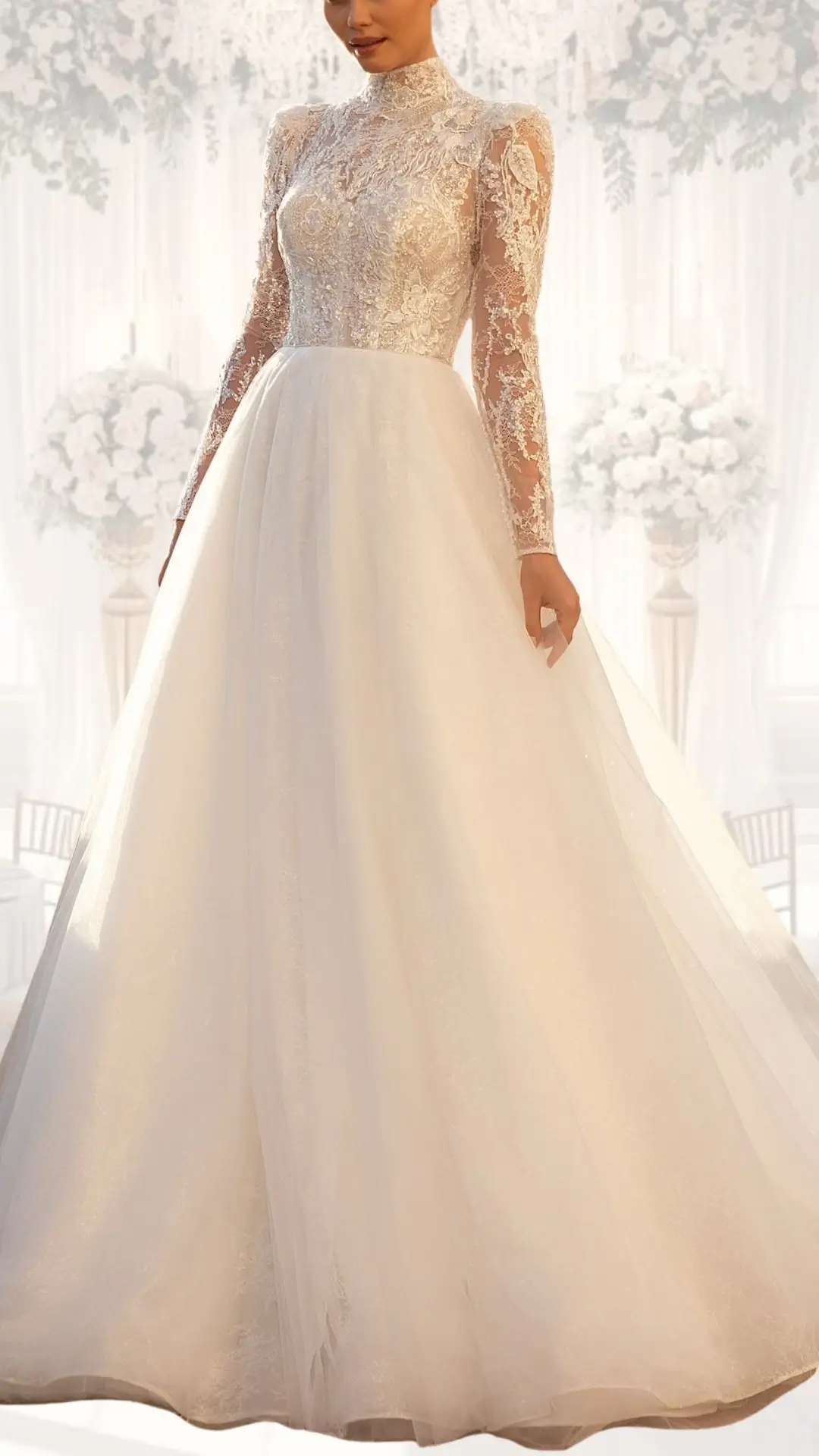 A high neck wedding dress featuring intricate lace detailing on the fitted bodice and long, sheer lace sleeves. The gown transitions into a flowing, slightly voluminous skirt made of soft tulle, all in a classic ivory shade, perfect for a winter or vintage wedding. The combination of modest elegance and romantic textures creates a timeless bridal look.