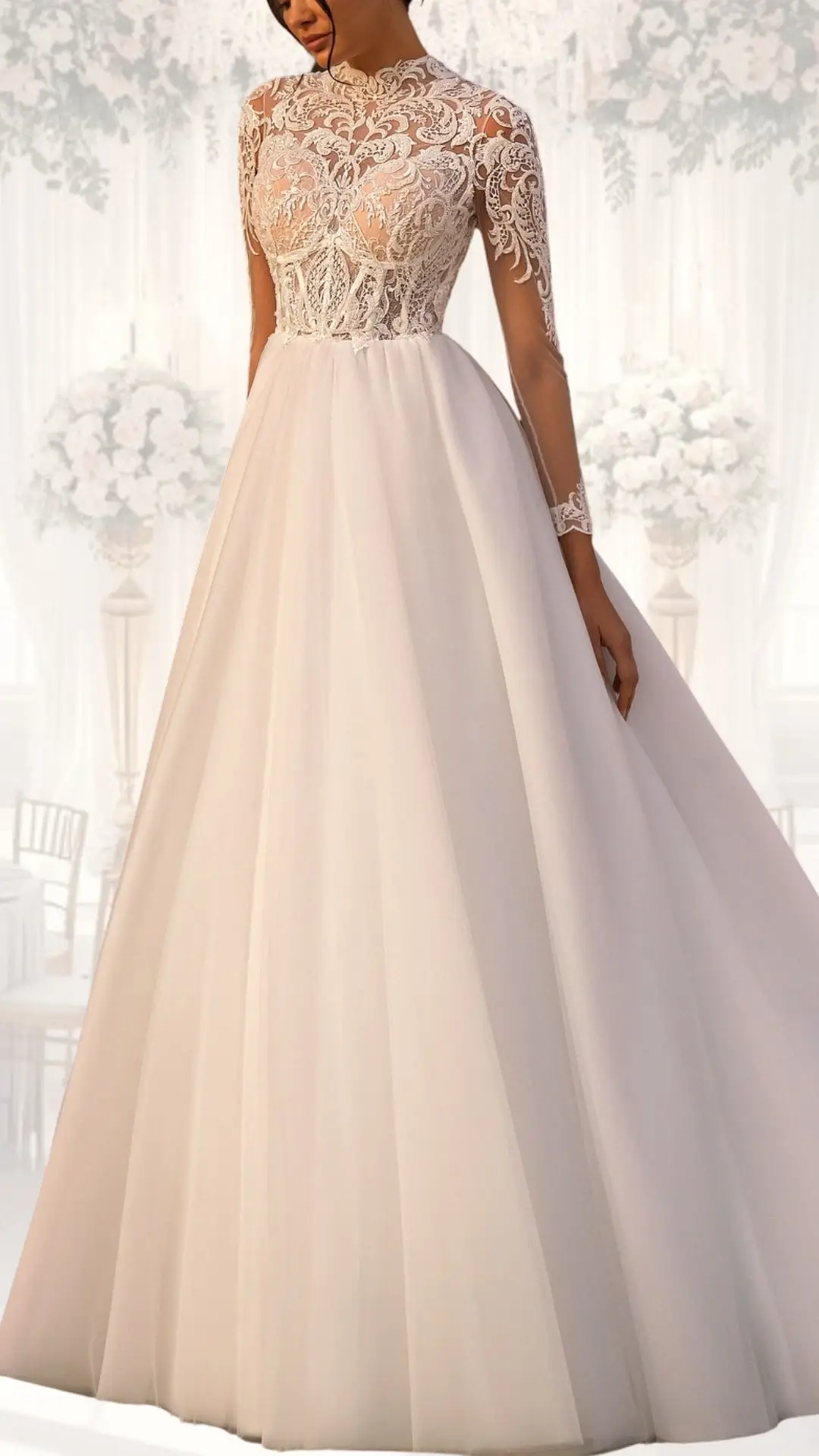 This high neck wedding gown features intricate lace detailing on a sheer bodice, complemented by long satin sleeves and a flowing, full tulle skirt. The gown is predominantly white, exuding a classic and elegant aesthetic, ideal for a winter wedding or vintage-themed celebration. The modest design and refined textures create a timeless look that emphasizes grace and sophistication.